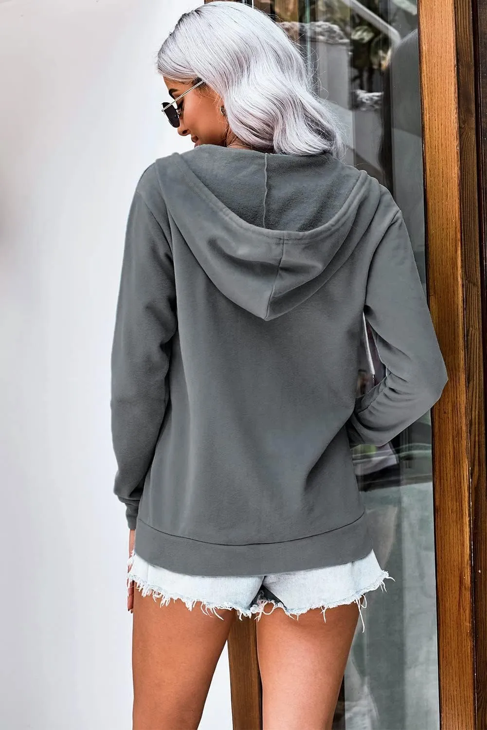 WROLEM Women Casual Full Zip Up Hoodie Comfy Loose Long Sleeve Sweatshirt Solid Color Jacket with Pockets
