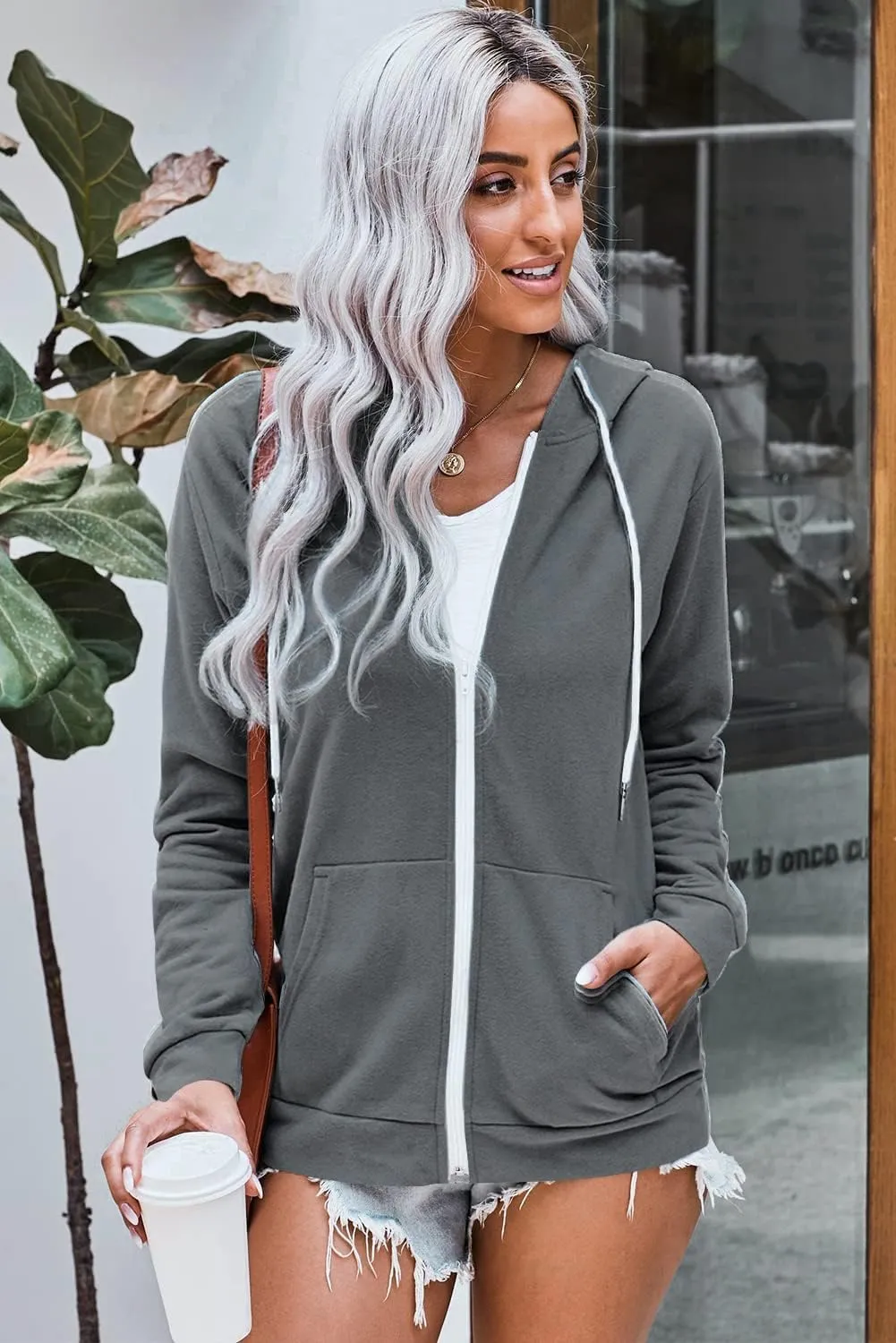 WROLEM Women Casual Full Zip Up Hoodie Comfy Loose Long Sleeve Sweatshirt Solid Color Jacket with Pockets