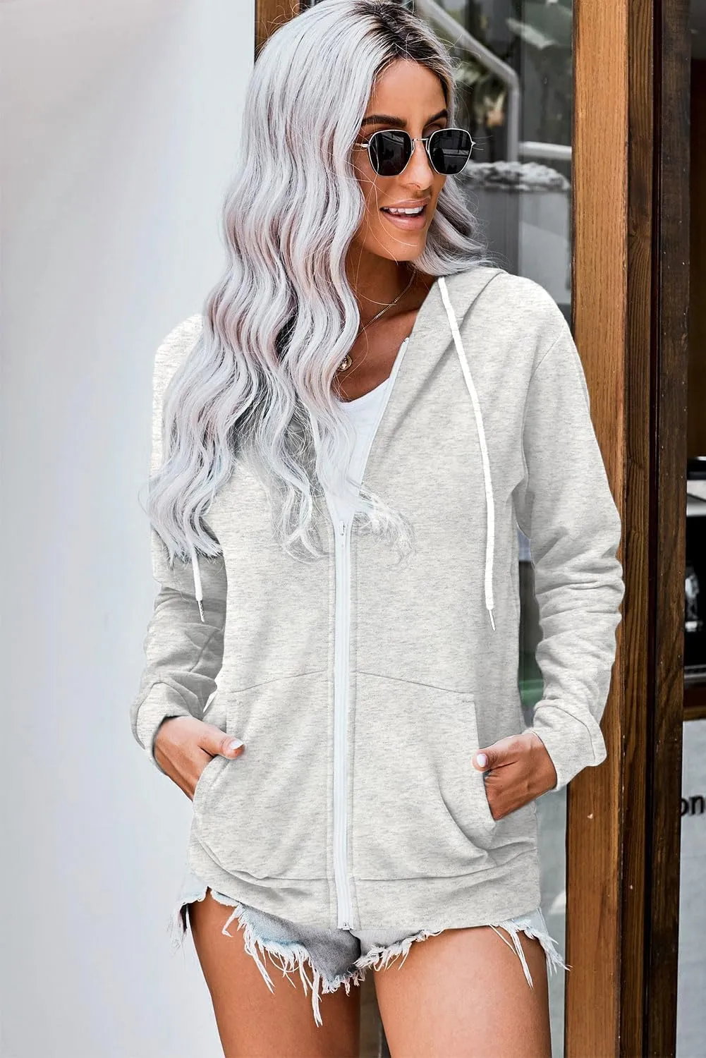 WROLEM Women Casual Full Zip Up Hoodie Comfy Loose Long Sleeve Sweatshirt Solid Color Jacket with Pockets