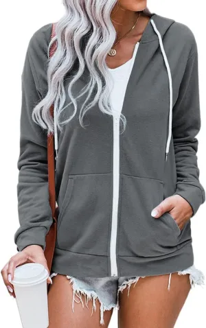 WROLEM Women Casual Full Zip Up Hoodie Comfy Loose Long Sleeve Sweatshirt Solid Color Jacket with Pockets