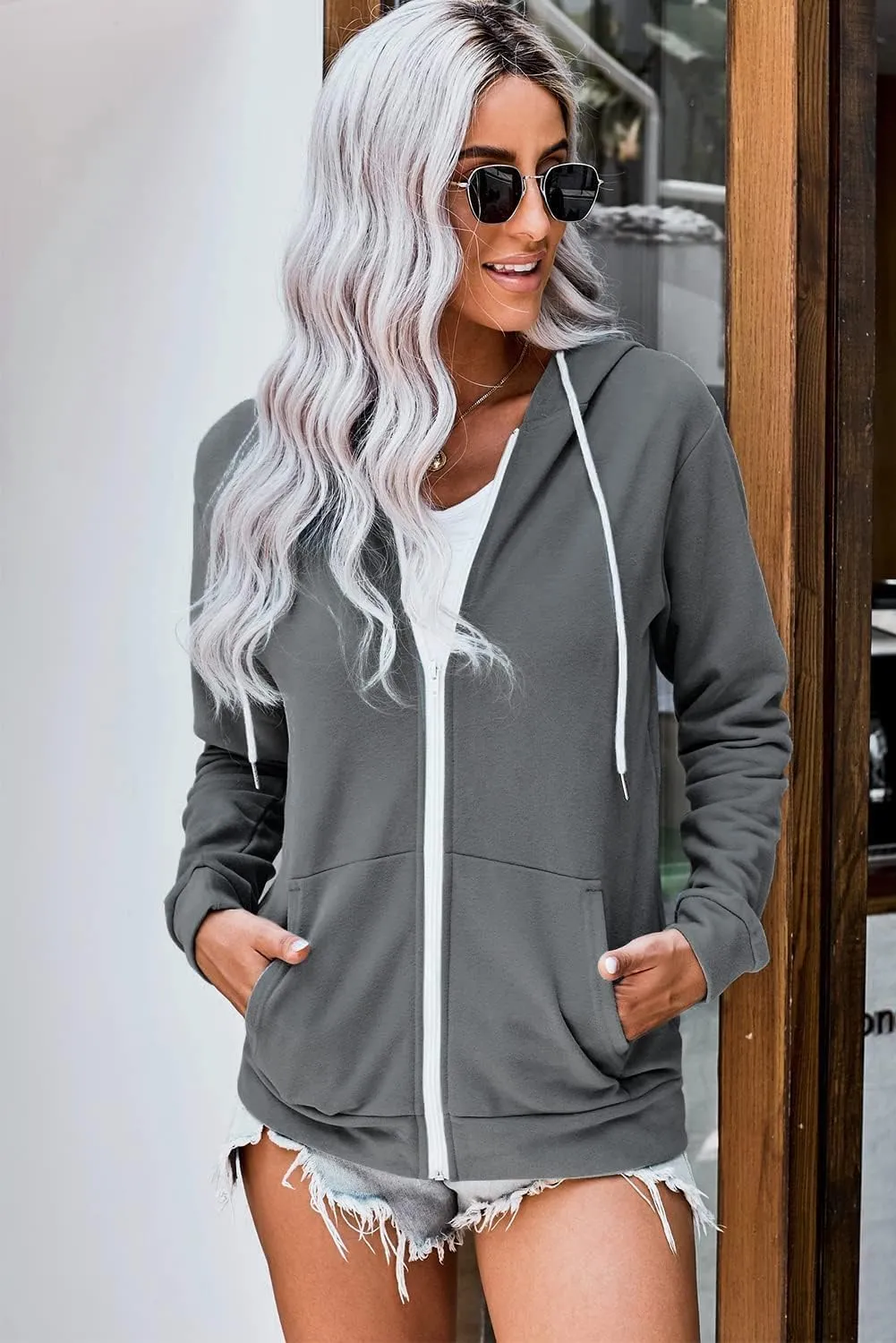 WROLEM Women Casual Full Zip Up Hoodie Comfy Loose Long Sleeve Sweatshirt Solid Color Jacket with Pockets