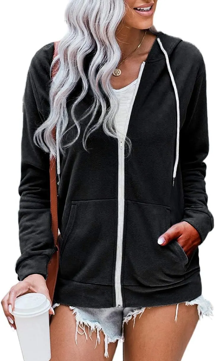 WROLEM Women Casual Full Zip Up Hoodie Comfy Loose Long Sleeve Sweatshirt Solid Color Jacket with Pockets