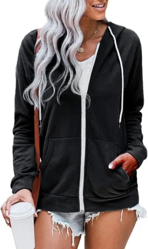 WROLEM Women Casual Full Zip Up Hoodie Comfy Loose Long Sleeve Sweatshirt Solid Color Jacket with Pockets