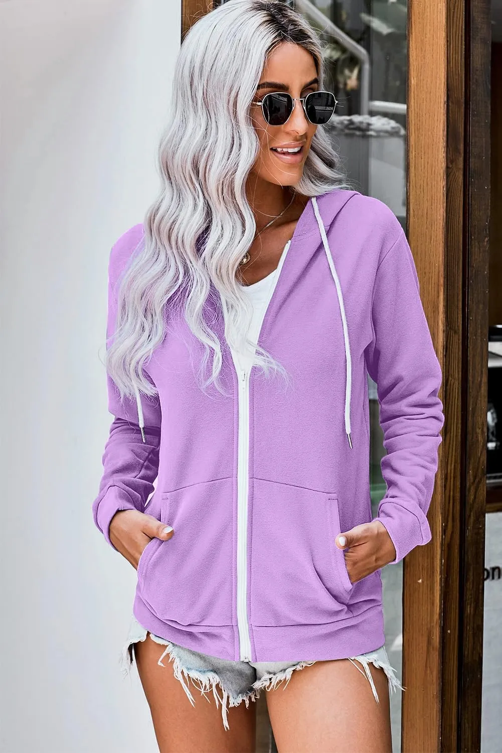 WROLEM Women Casual Full Zip Up Hoodie Comfy Loose Long Sleeve Sweatshirt Solid Color Jacket with Pockets