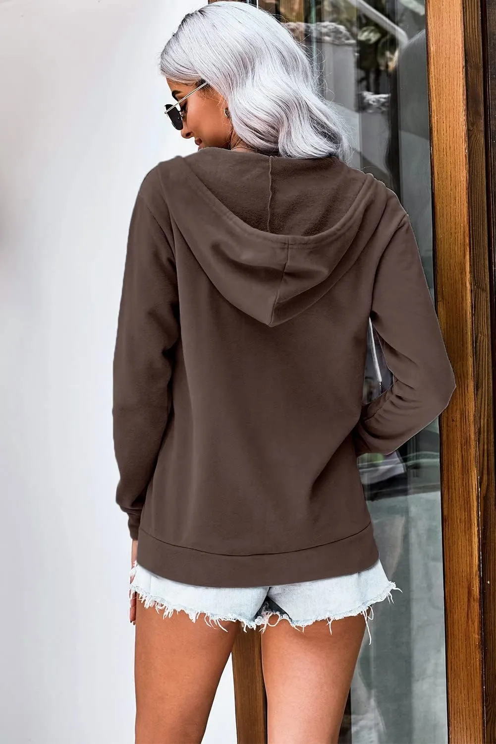 WROLEM Women Casual Full Zip Up Hoodie Comfy Loose Long Sleeve Sweatshirt Solid Color Jacket with Pockets