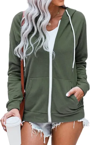 WROLEM Women Casual Full Zip Up Hoodie Comfy Loose Long Sleeve Sweatshirt Solid Color Jacket with Pockets