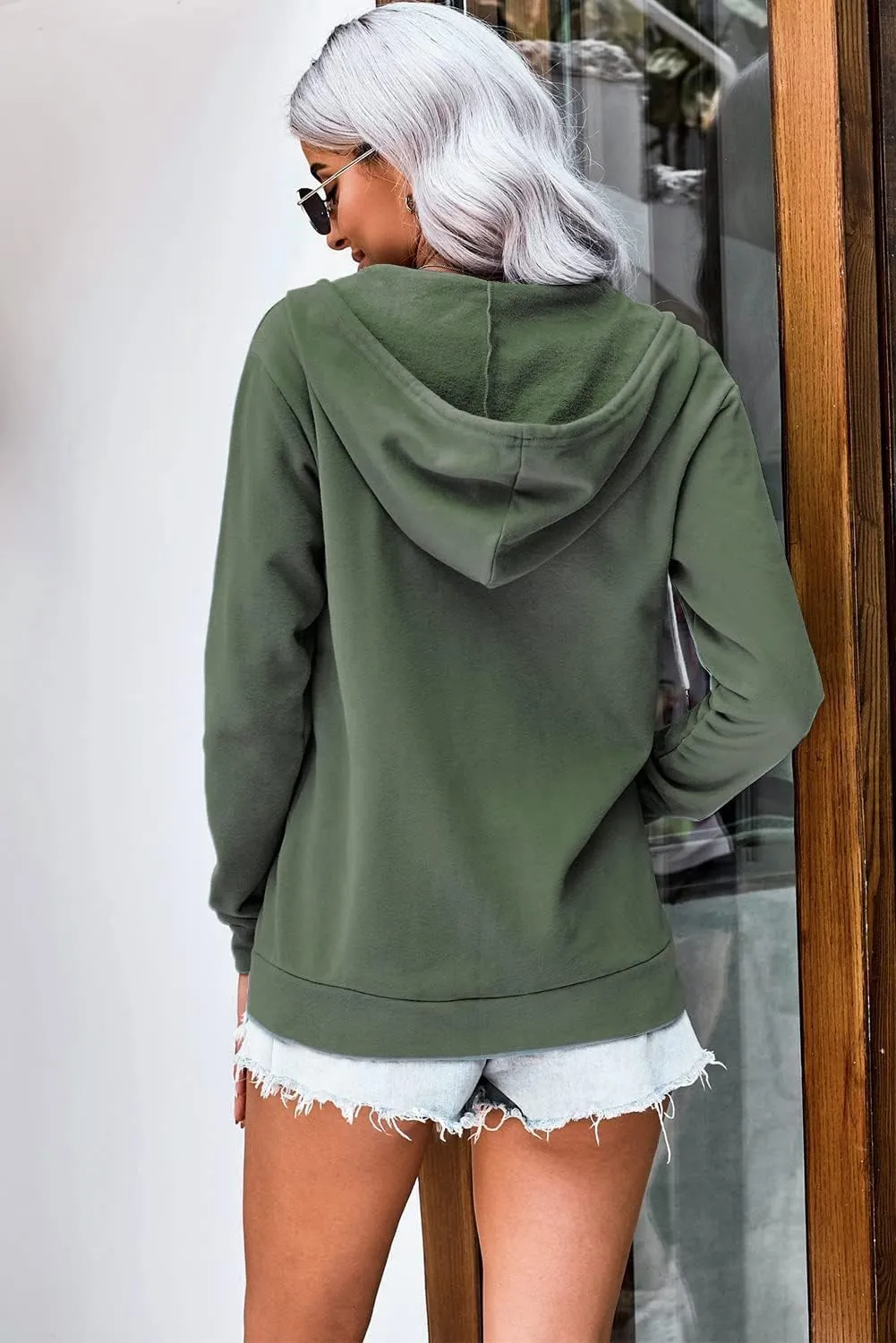 WROLEM Women Casual Full Zip Up Hoodie Comfy Loose Long Sleeve Sweatshirt Solid Color Jacket with Pockets