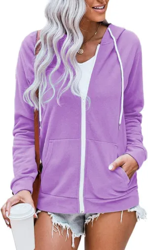 WROLEM Women Casual Full Zip Up Hoodie Comfy Loose Long Sleeve Sweatshirt Solid Color Jacket with Pockets