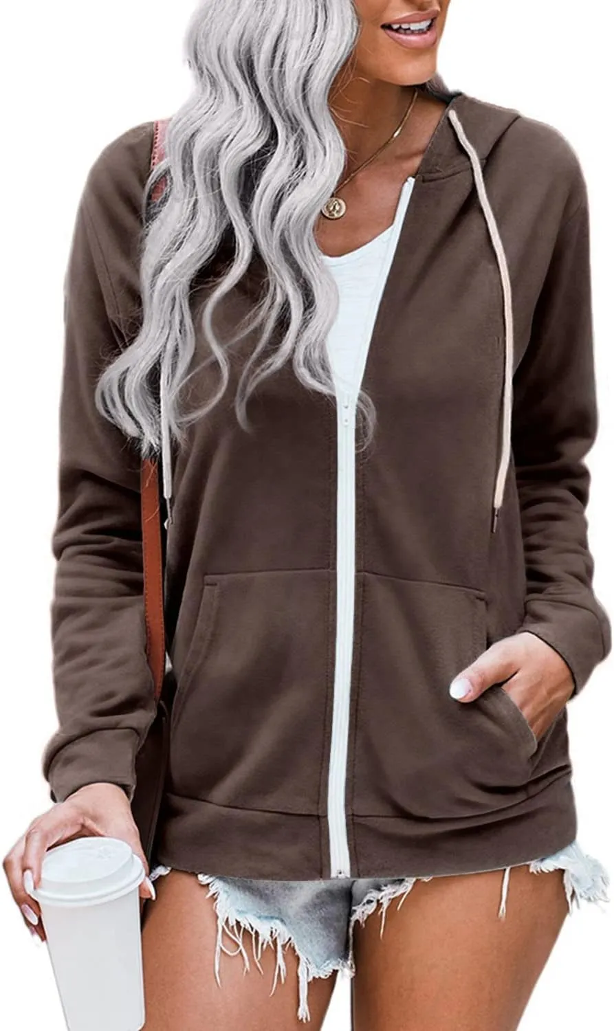 WROLEM Women Casual Full Zip Up Hoodie Comfy Loose Long Sleeve Sweatshirt Solid Color Jacket with Pockets