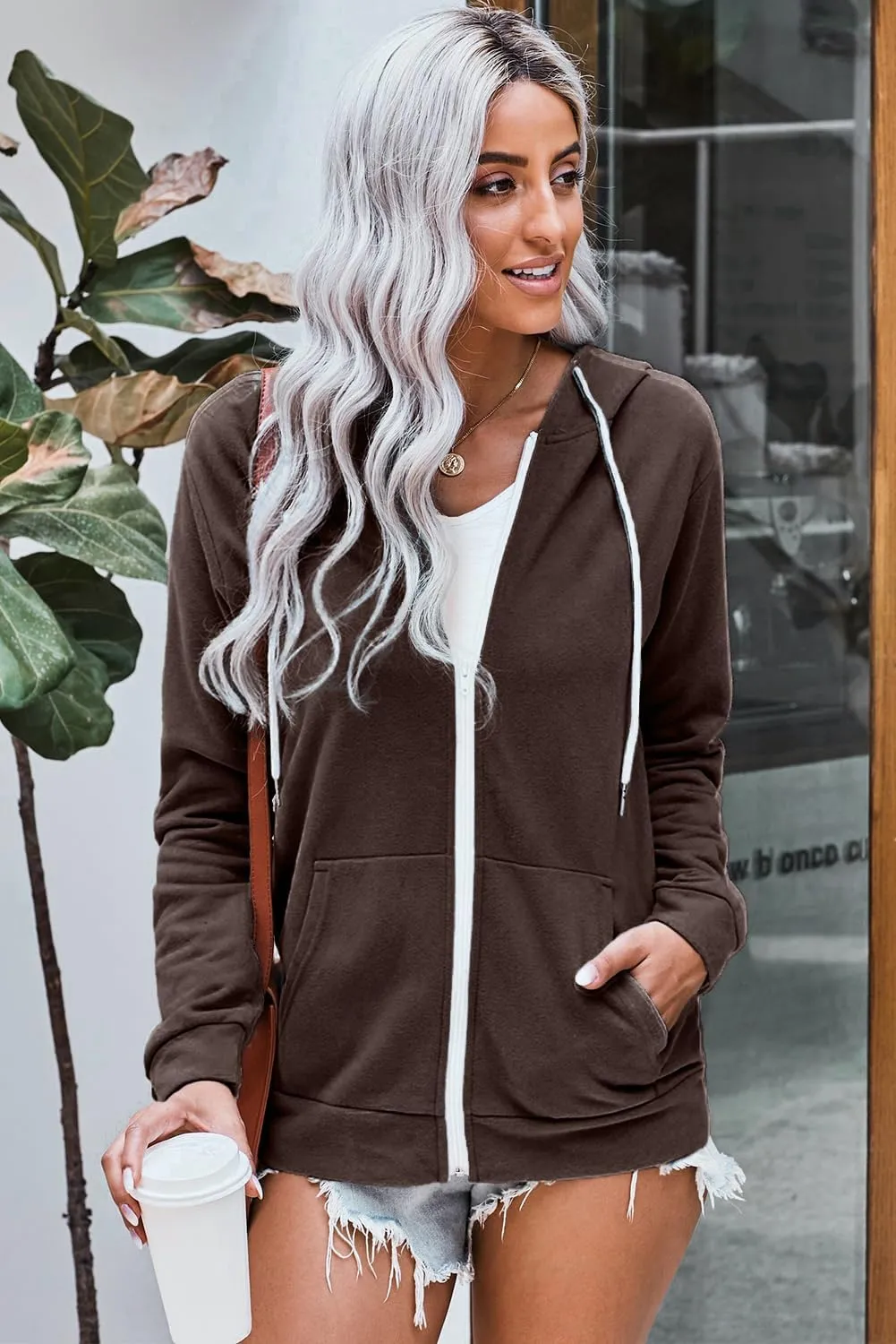 WROLEM Women Casual Full Zip Up Hoodie Comfy Loose Long Sleeve Sweatshirt Solid Color Jacket with Pockets