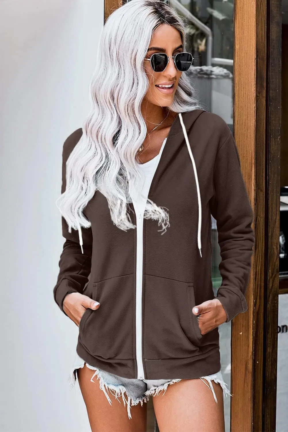 WROLEM Women Casual Full Zip Up Hoodie Comfy Loose Long Sleeve Sweatshirt Solid Color Jacket with Pockets