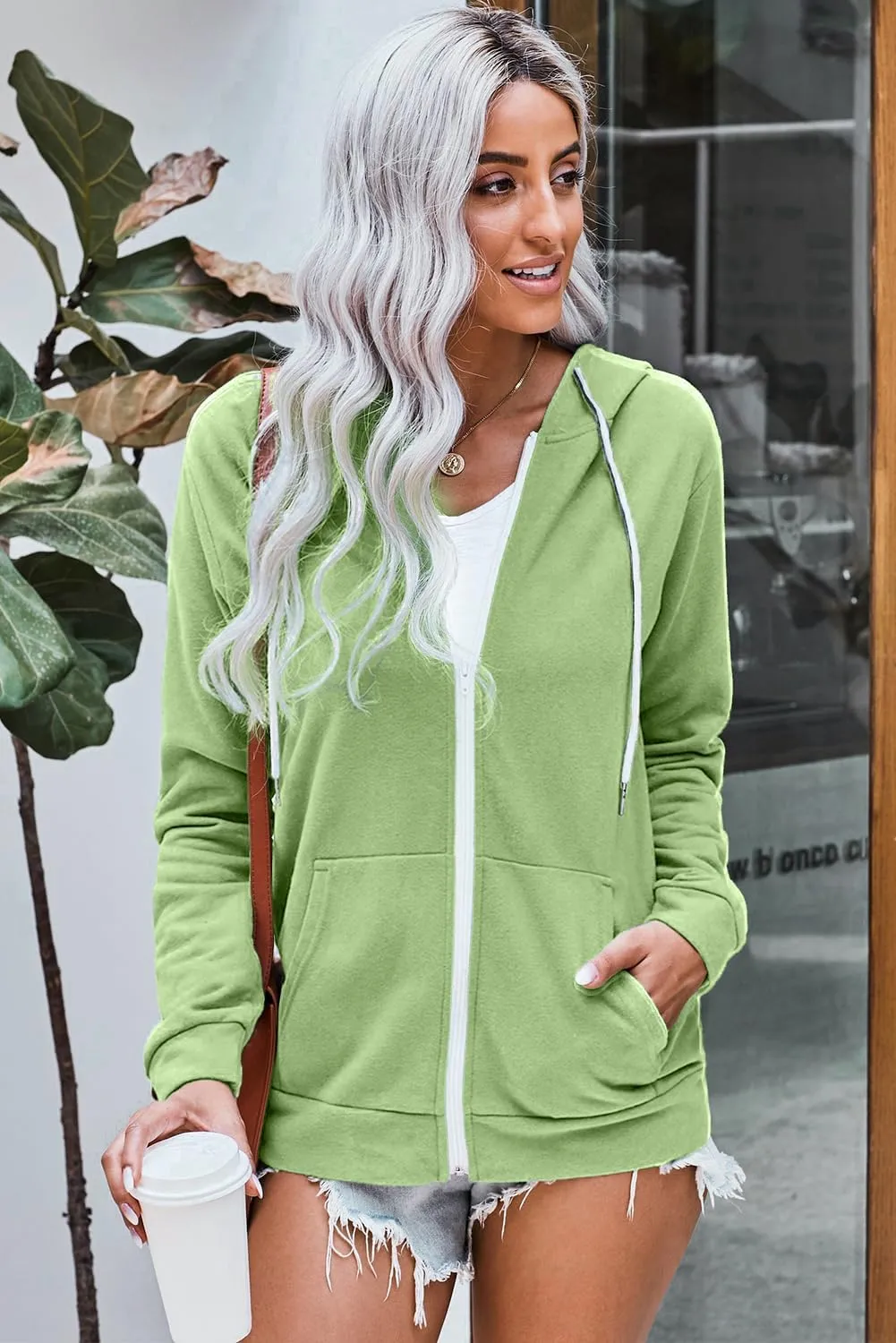 WROLEM Women Casual Full Zip Up Hoodie Comfy Loose Long Sleeve Sweatshirt Solid Color Jacket with Pockets