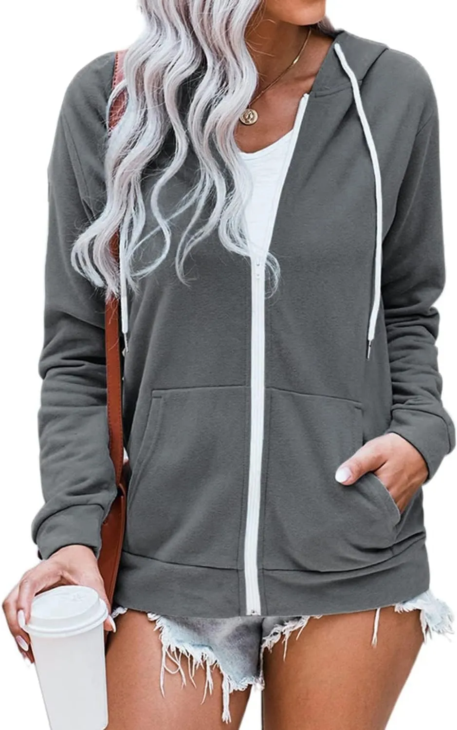 WROLEM Women Casual Full Zip Up Hoodie Comfy Loose Long Sleeve Sweatshirt Solid Color Jacket with Pockets