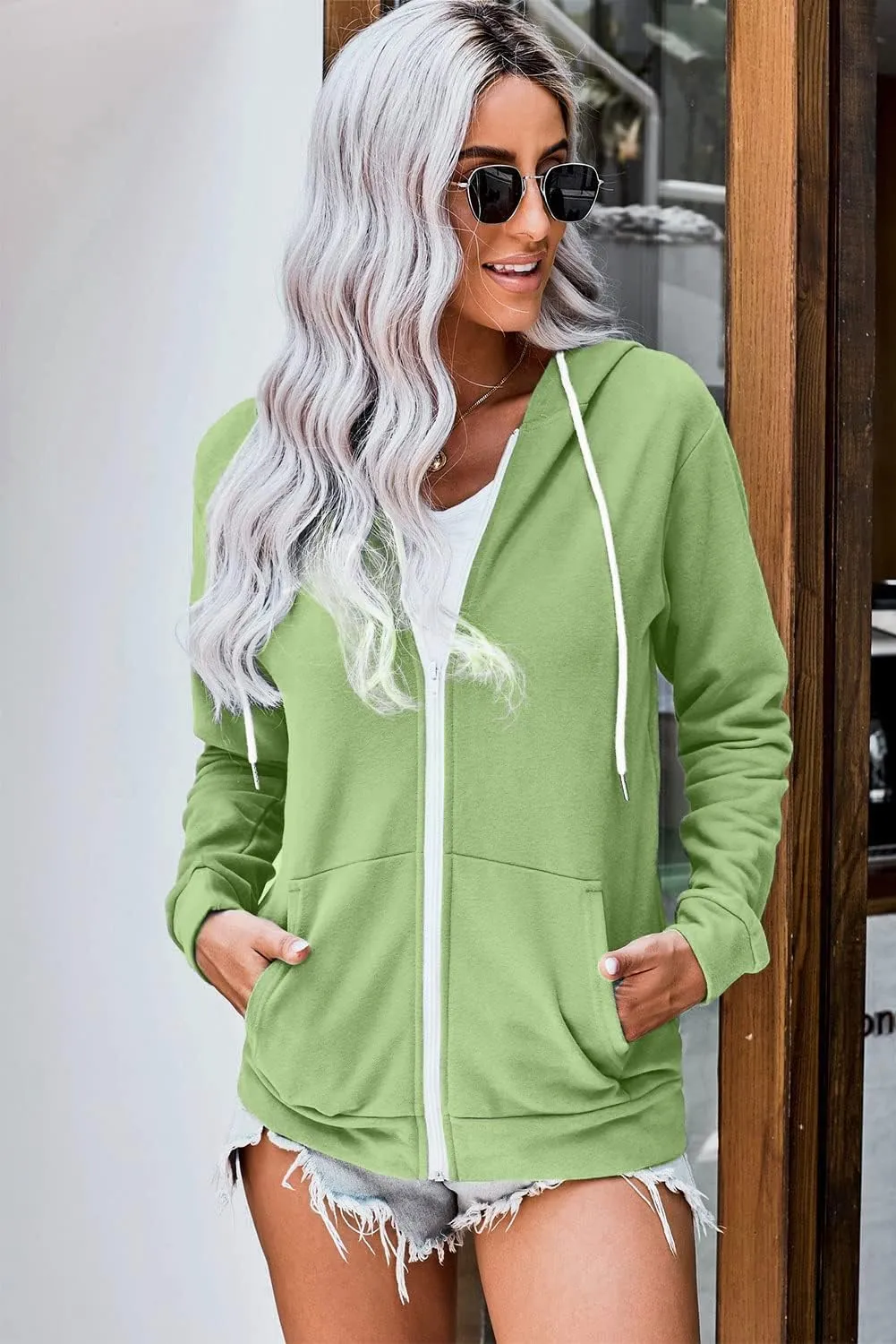 WROLEM Women Casual Full Zip Up Hoodie Comfy Loose Long Sleeve Sweatshirt Solid Color Jacket with Pockets