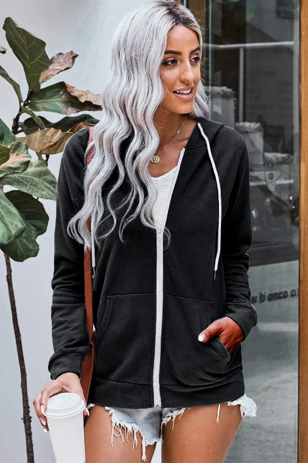 WROLEM Women Casual Full Zip Up Hoodie Comfy Loose Long Sleeve Sweatshirt Solid Color Jacket with Pockets