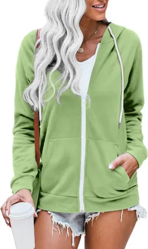 WROLEM Women Casual Full Zip Up Hoodie Comfy Loose Long Sleeve Sweatshirt Solid Color Jacket with Pockets