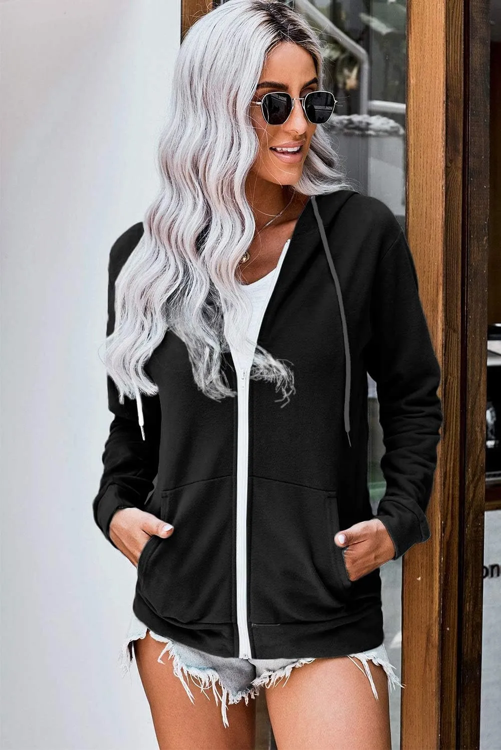 WROLEM Women Casual Full Zip Up Hoodie Comfy Loose Long Sleeve Sweatshirt Solid Color Jacket with Pockets
