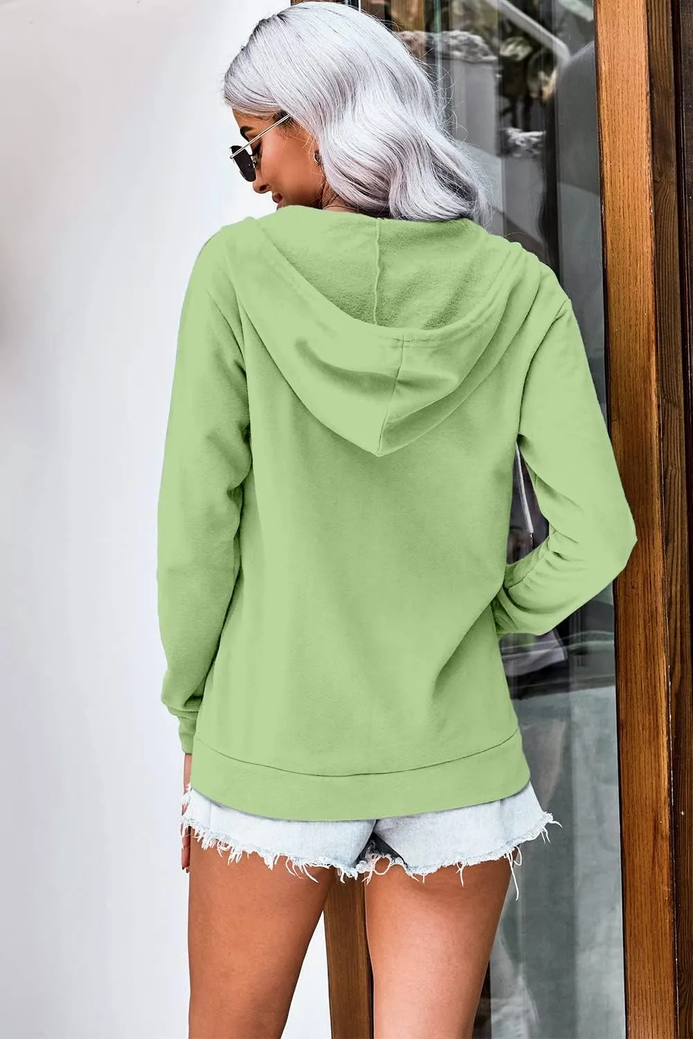 WROLEM Women Casual Full Zip Up Hoodie Comfy Loose Long Sleeve Sweatshirt Solid Color Jacket with Pockets