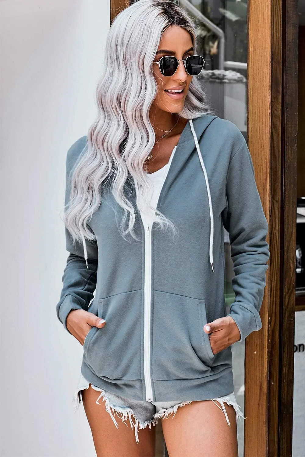 WROLEM Women Casual Full Zip Up Hoodie Comfy Loose Long Sleeve Sweatshirt Solid Color Jacket with Pockets