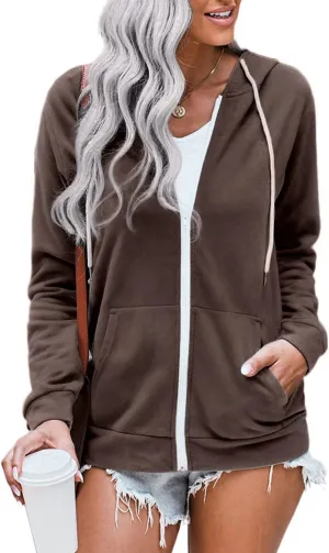WROLEM Women Casual Full Zip Up Hoodie Comfy Loose Long Sleeve Sweatshirt Solid Color Jacket with Pockets