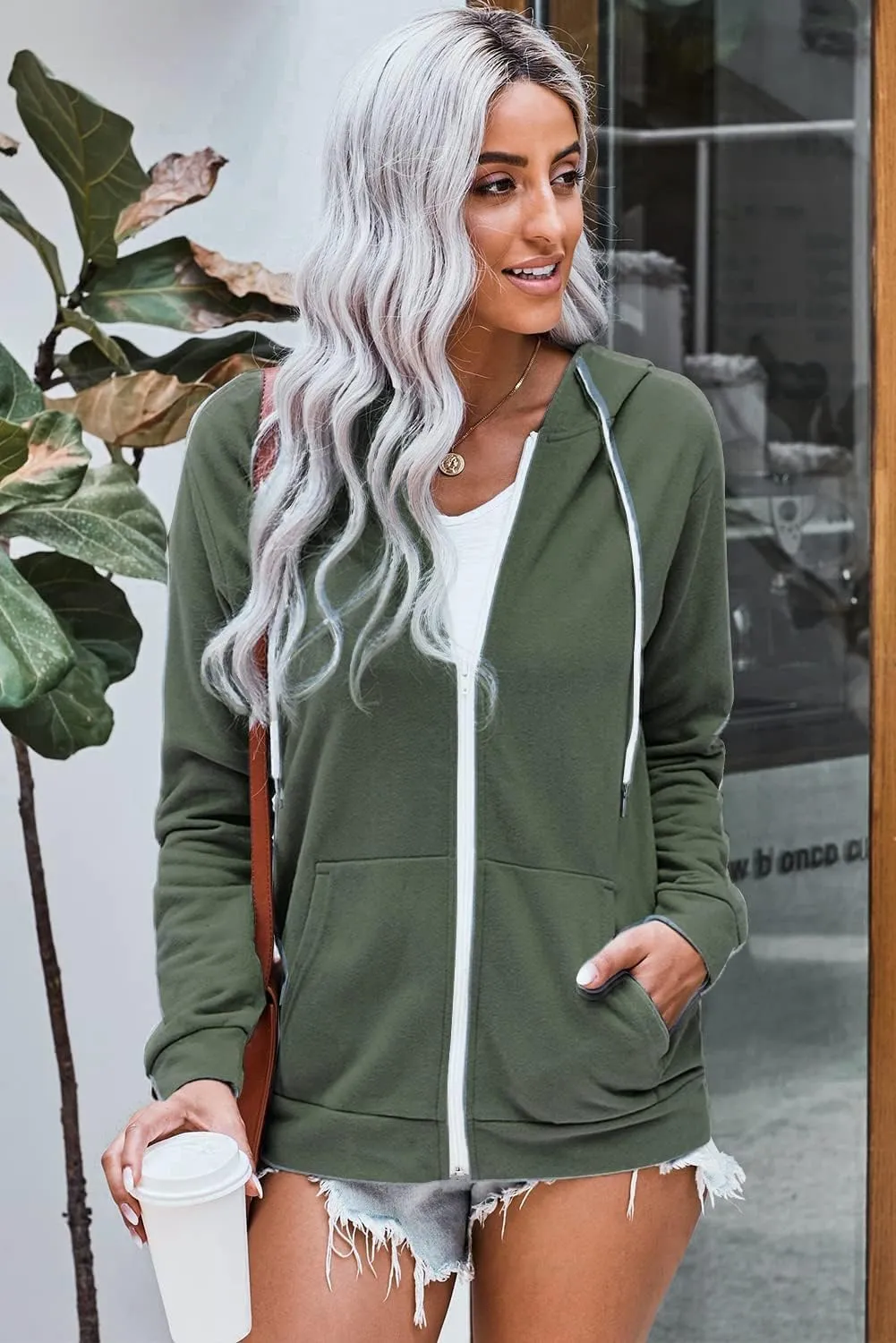 WROLEM Women Casual Full Zip Up Hoodie Comfy Loose Long Sleeve Sweatshirt Solid Color Jacket with Pockets