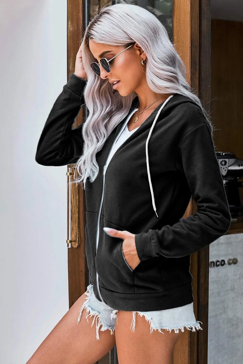 WROLEM Women Casual Full Zip Up Hoodie Comfy Loose Long Sleeve Sweatshirt Solid Color Jacket with Pockets