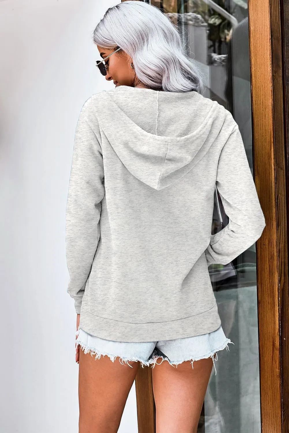WROLEM Women Casual Full Zip Up Hoodie Comfy Loose Long Sleeve Sweatshirt Solid Color Jacket with Pockets