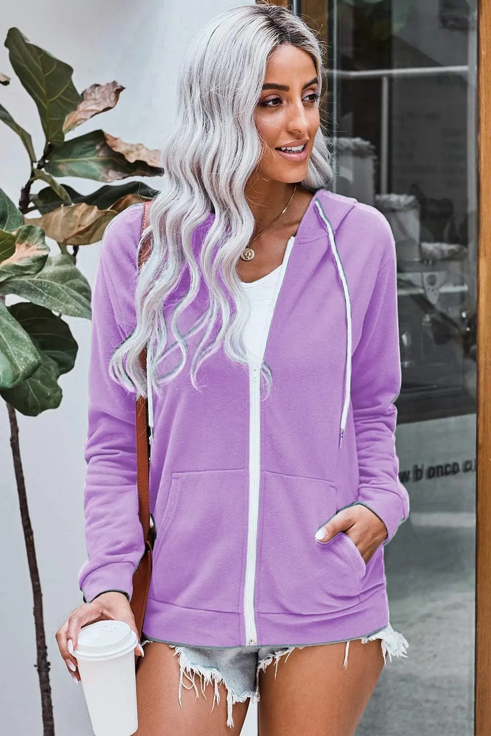 WROLEM Women Casual Full Zip Up Hoodie Comfy Loose Long Sleeve Sweatshirt Solid Color Jacket with Pockets