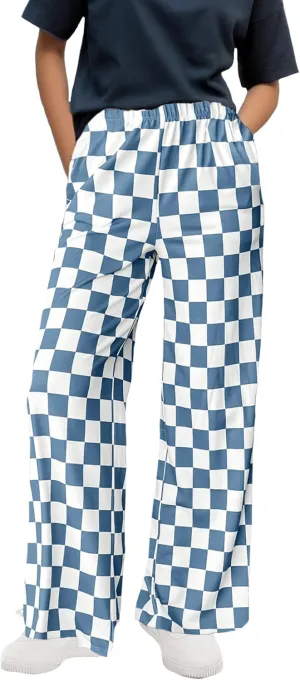 WSPLYSPJY Women's Casual Checkered Pants Elastic Waist Comfy Loose Wide Leg Pants with Pockets,XS - XXL