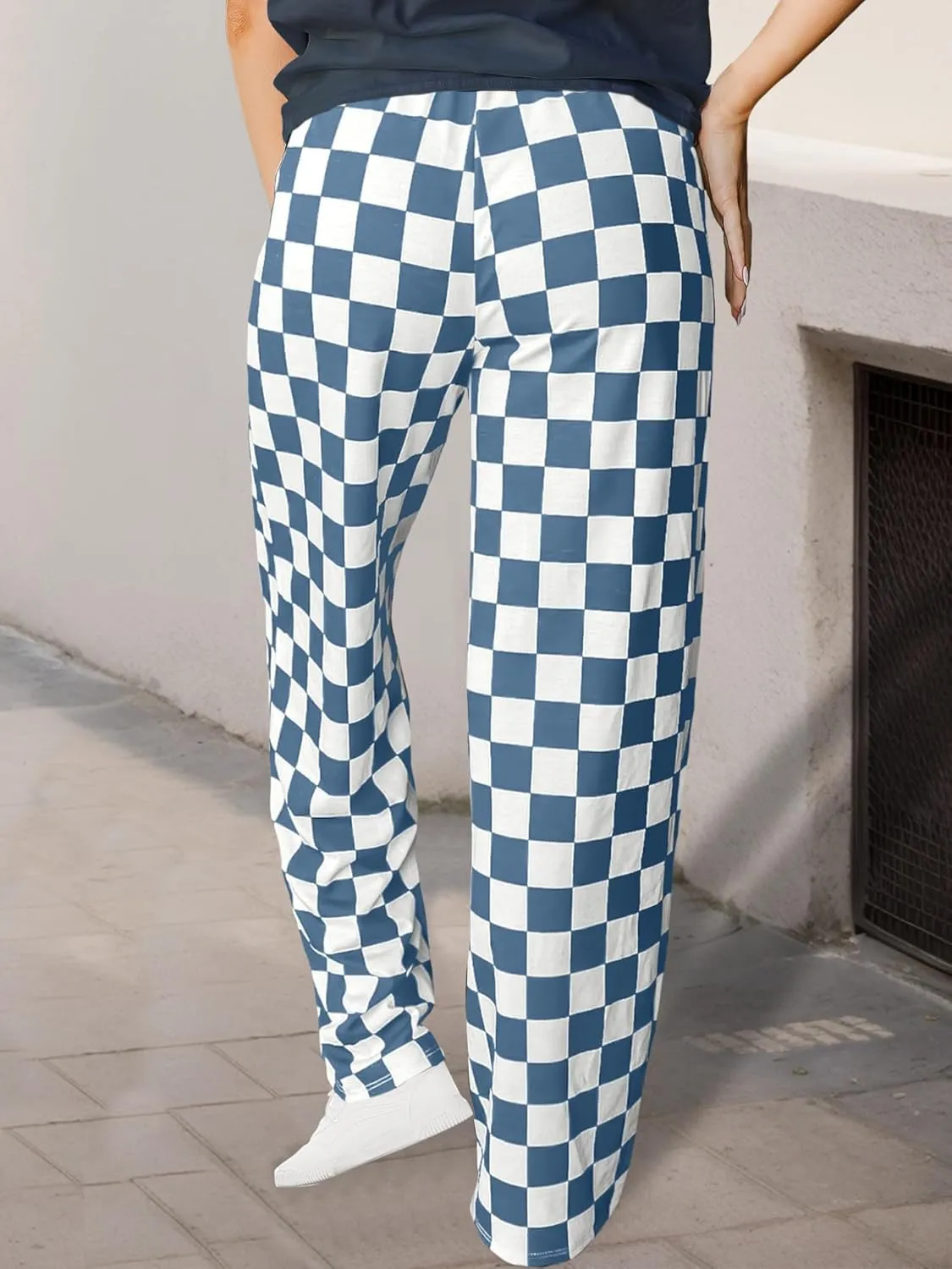 WSPLYSPJY Women's Casual Checkered Pants Elastic Waist Comfy Loose Wide Leg Pants with Pockets,XS - XXL
