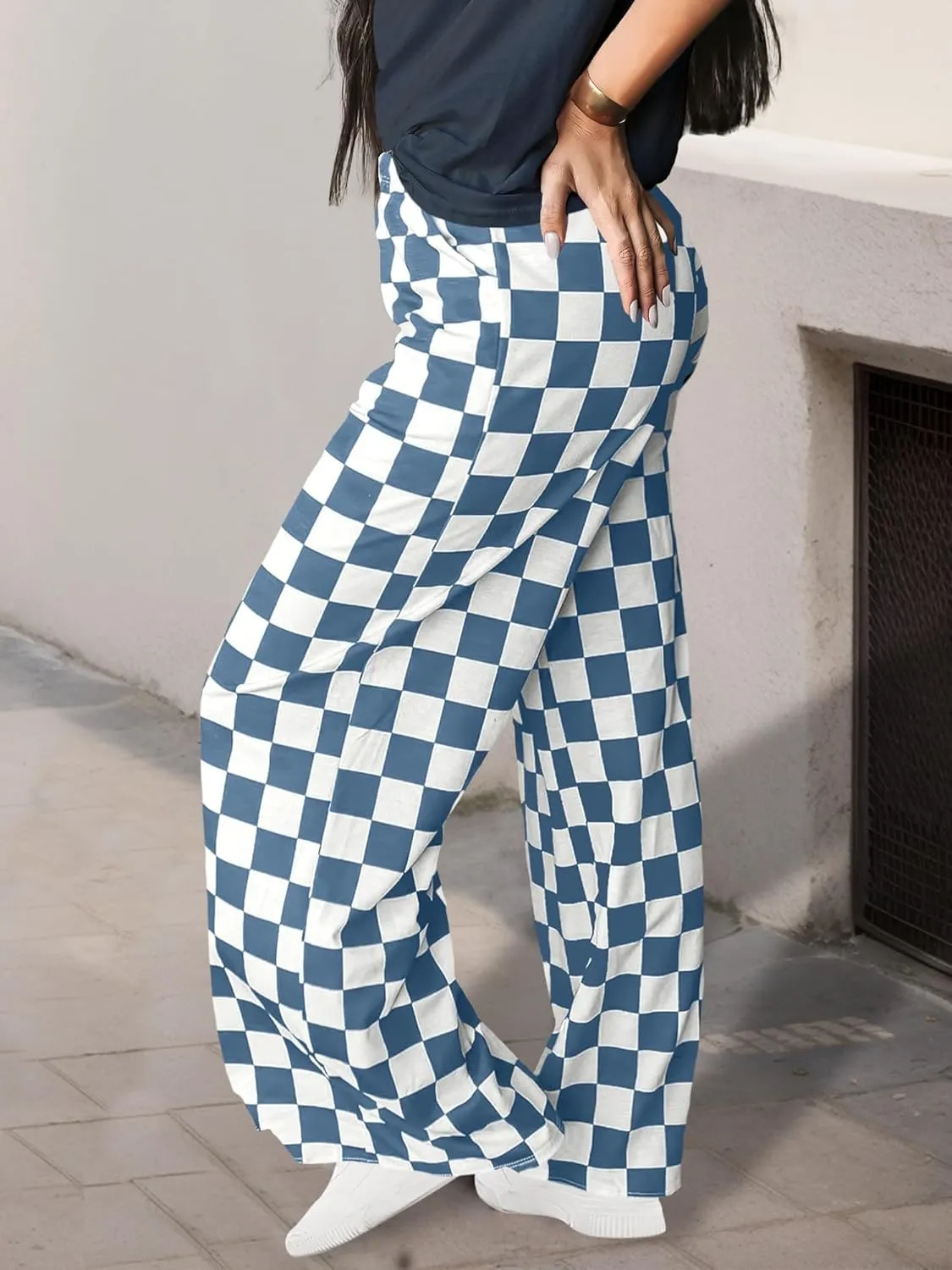 WSPLYSPJY Women's Casual Checkered Pants Elastic Waist Comfy Loose Wide Leg Pants with Pockets,XS - XXL