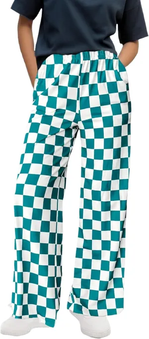 WSPLYSPJY Women's Casual Checkered Pants Elastic Waist Comfy Loose Wide Leg Pants with Pockets,XS - XXL