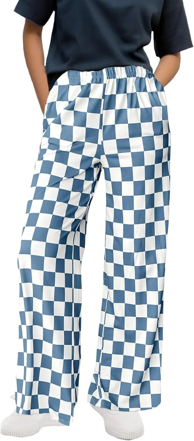WSPLYSPJY Women's Casual Checkered Pants Elastic Waist Comfy Loose Wide Leg Pants with Pockets,XS - XXL