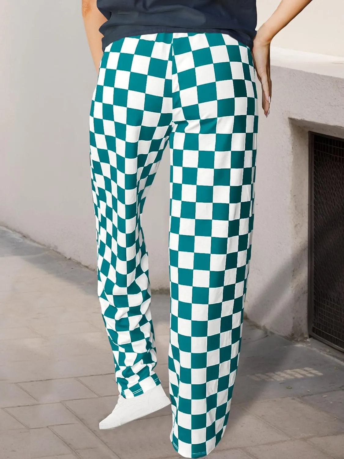 WSPLYSPJY Women's Casual Checkered Pants Elastic Waist Comfy Loose Wide Leg Pants with Pockets,XS - XXL