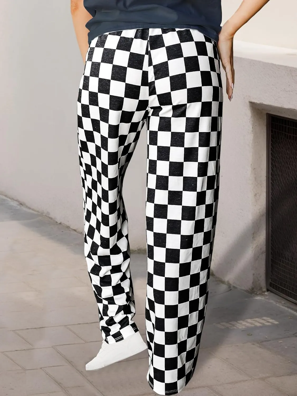 WSPLYSPJY Women's Casual Checkered Pants Elastic Waist Comfy Loose Wide Leg Pants with Pockets,XS - XXL