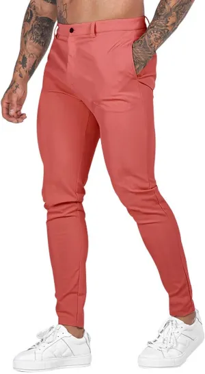 XUETON Mens Slim Fit Dress Pants Casual Business Office Work Skinny Suit Pants Comfort Flat-Front Stretch Chino Tapered Straight Leg Golf Dress Pants Slacks Trousers Pink