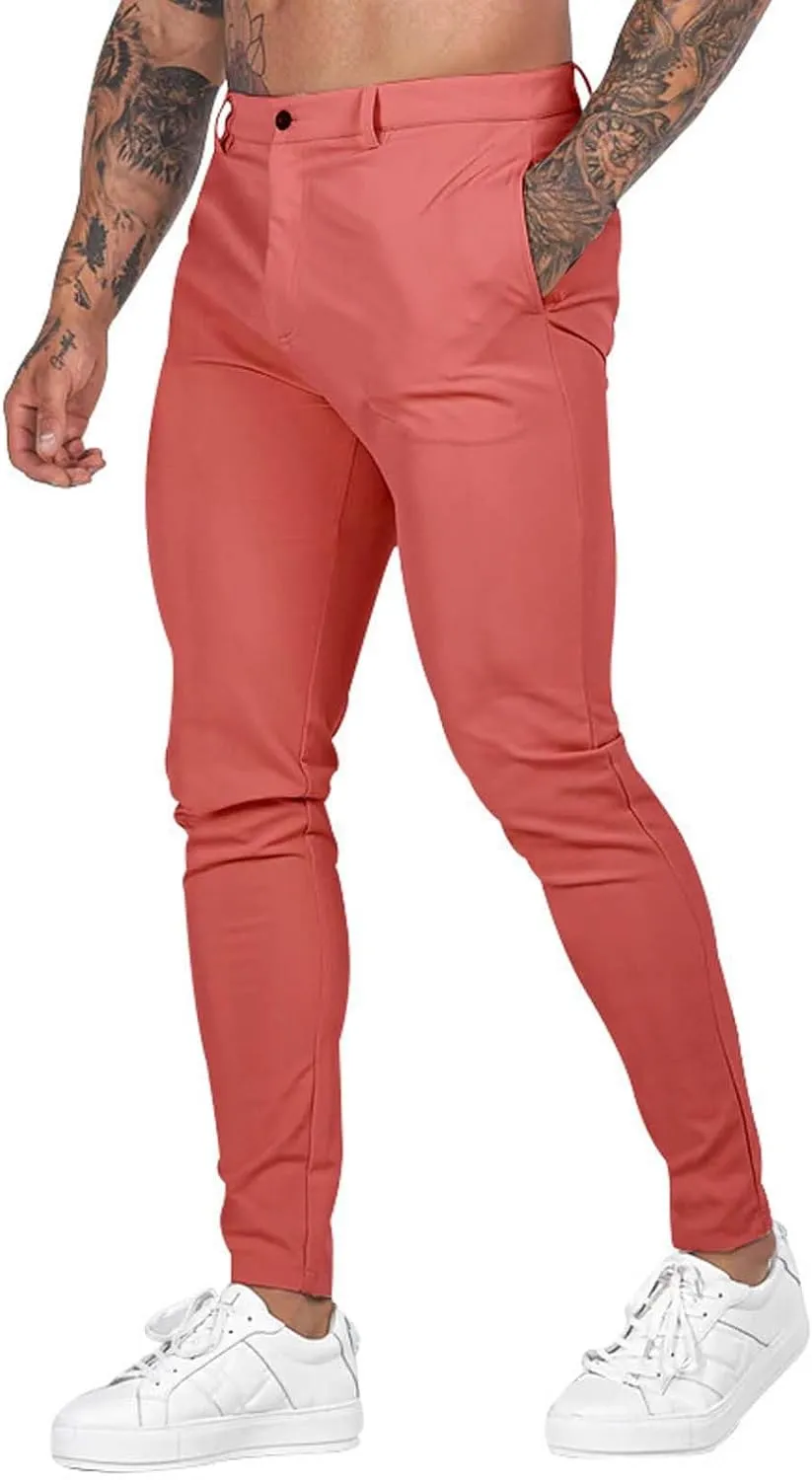 XUETON Mens Slim Fit Dress Pants Casual Business Office Work Skinny Suit Pants Comfort Flat-Front Stretch Chino Tapered Straight Leg Golf Dress Pants Slacks Trousers Pink