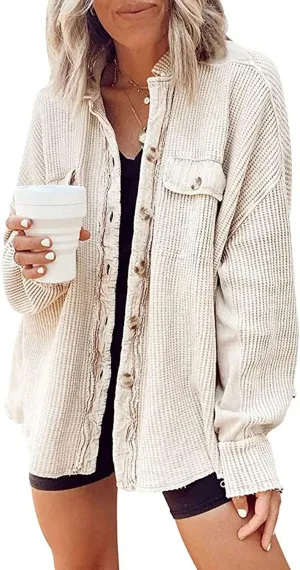 Yanekop Waffle Knit Button Down Shirt Womens Shacket Oversized Long Sleeve Shirt Jacket Trendy Outfits 2025
