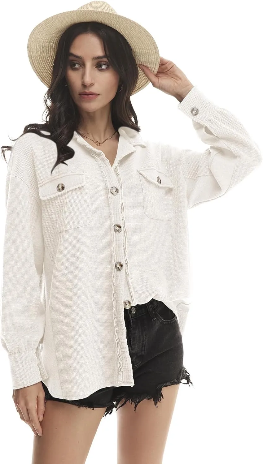 Yanekop Waffle Knit Button Down Shirt Womens Shacket Oversized Long Sleeve Shirt Jacket Trendy Outfits 2025