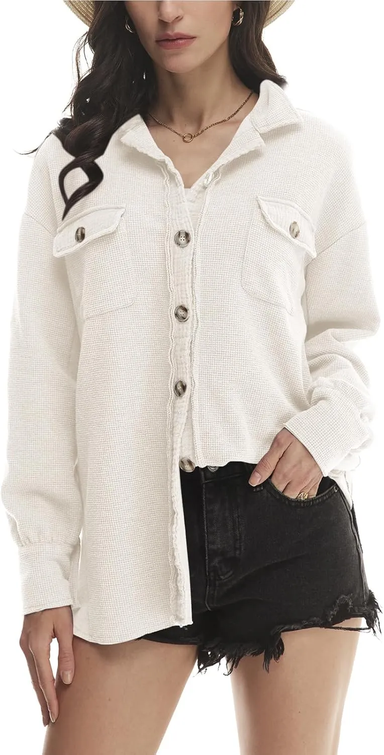 Yanekop Waffle Knit Button Down Shirt Womens Shacket Oversized Long Sleeve Shirt Jacket Trendy Outfits 2025