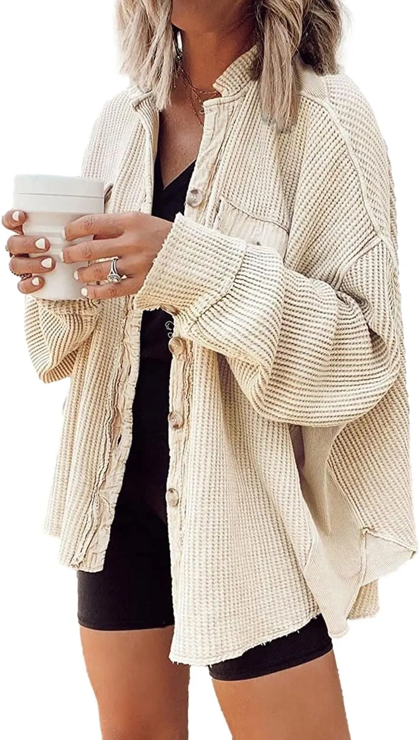 Yanekop Waffle Knit Button Down Shirt Womens Shacket Oversized Long Sleeve Shirt Jacket Trendy Outfits 2025