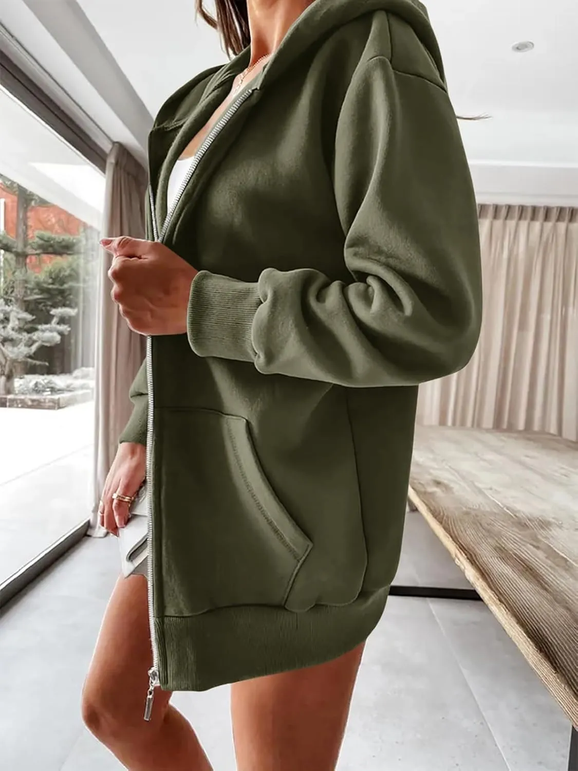 Yousify Women Casual Full Zip Up Plush Hoodie Comfy Loose Solid Sweatshirt Long Sleeve Jacket with Pockets