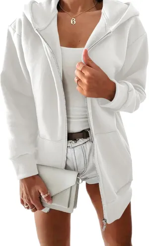 Yousify Women Casual Full Zip Up Plush Hoodie Comfy Loose Solid Sweatshirt Long Sleeve Jacket with Pockets