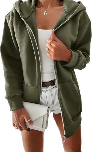 Yousify Women Casual Full Zip Up Plush Hoodie Comfy Loose Solid Sweatshirt Long Sleeve Jacket with Pockets
