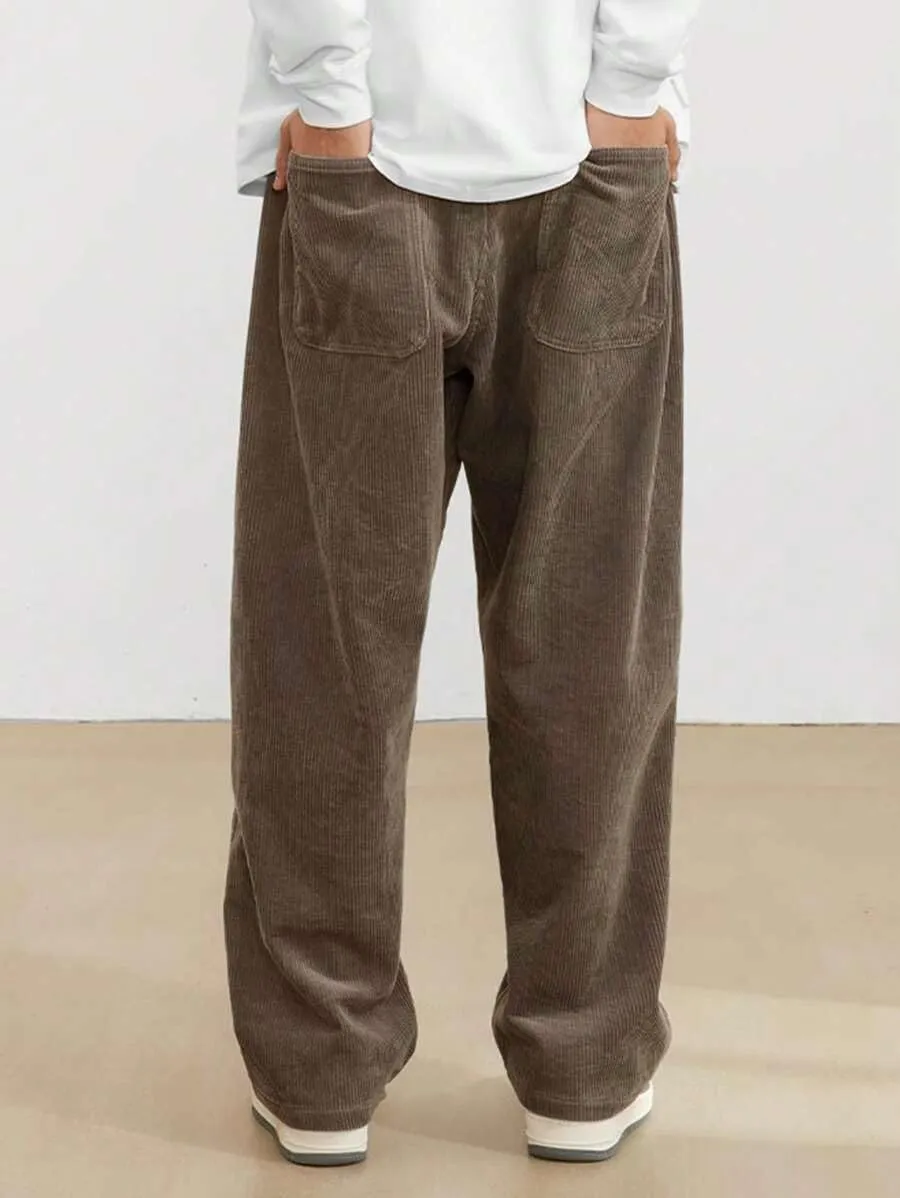 ZAFUL Mens Corduroy Straight Leg Pants Long Solid Elastic Waist Casual Pants Loose Fit Going Out Pants with Pockets