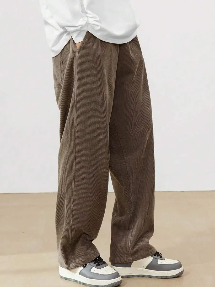 ZAFUL Mens Corduroy Straight Leg Pants Long Solid Elastic Waist Casual Pants Loose Fit Going Out Pants with Pockets