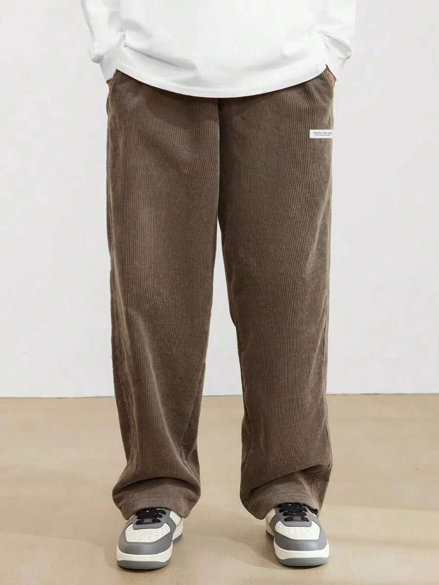 ZAFUL Mens Corduroy Straight Leg Pants Long Solid Elastic Waist Casual Pants Loose Fit Going Out Pants with Pockets