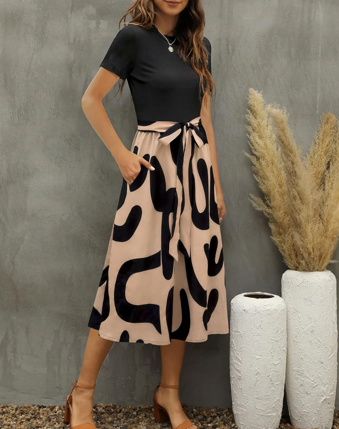 Zattcas Women 2025 Summer Dress Short Sleeve Ribbed Teacher Church Modest Business Casual Work Outfits Midi Dress