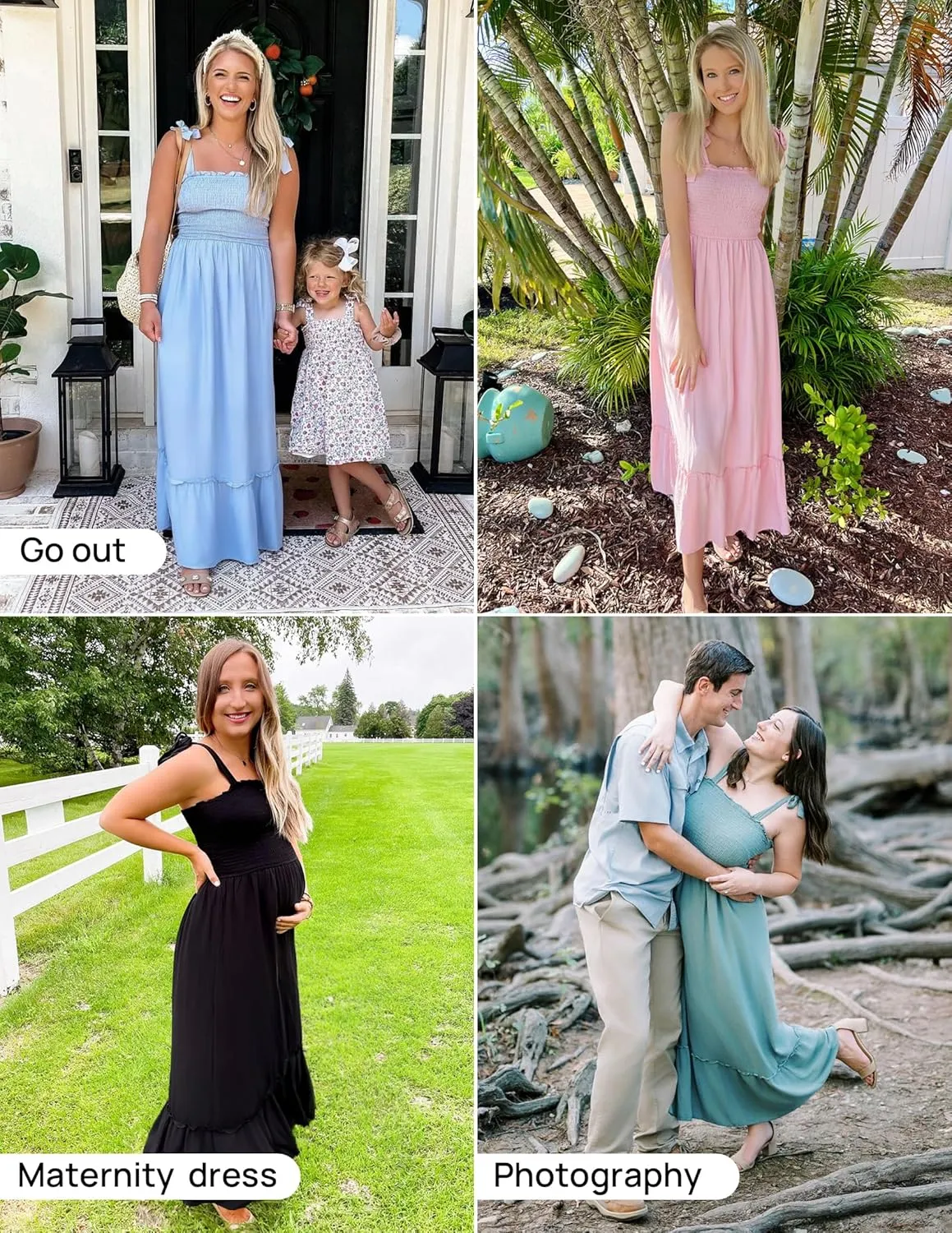 ZESICA Women's 2025 Summer Boho Spaghetti Strap Square Neck Solid Color Ruffle A Line Beach Long Maxi Dress
