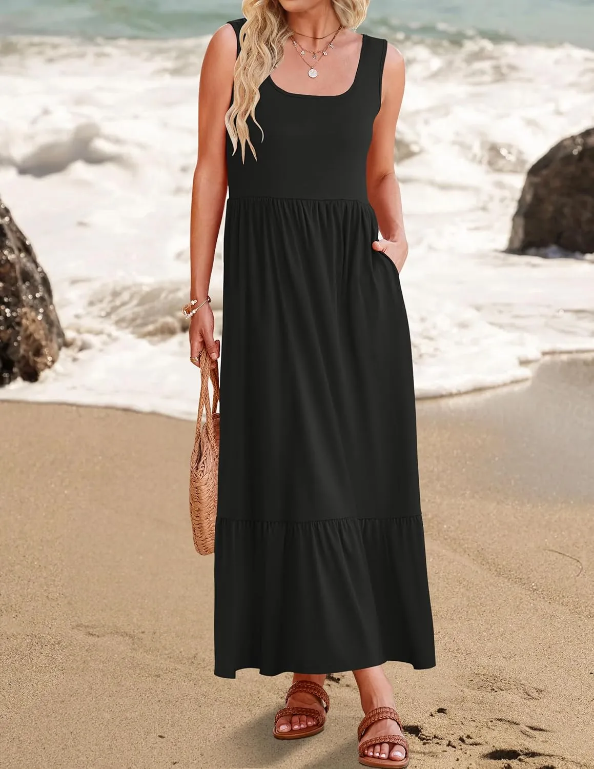 ZESICA Women's 2025 Summer Sleeveless Dress Square Neck Pleated Swing Casual Maxi Dresses with Pockets